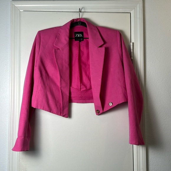 Zara Hot Pink Padded Shoulder One Button Cropped Blazer Size Medium Office Wear - Picture 1 of 8